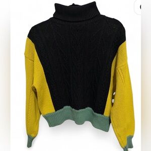 Anne Mieke Colorblock Turtleneck Sweater - Black, Yellow, and Green Small